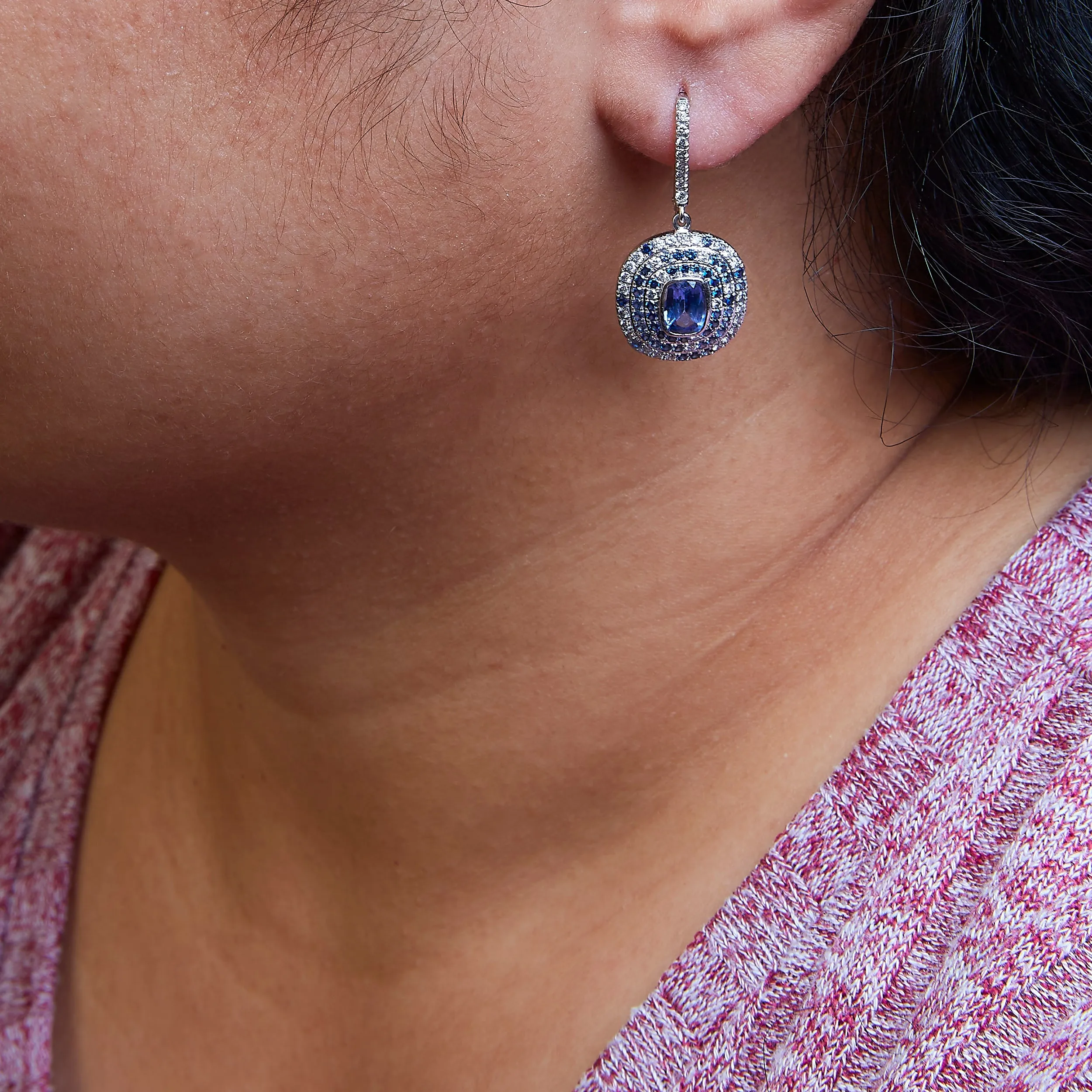 18K White Gold Natural Blue Sapphire and Diamond Scattered Halo Drop and Dangle Leverback Earrings