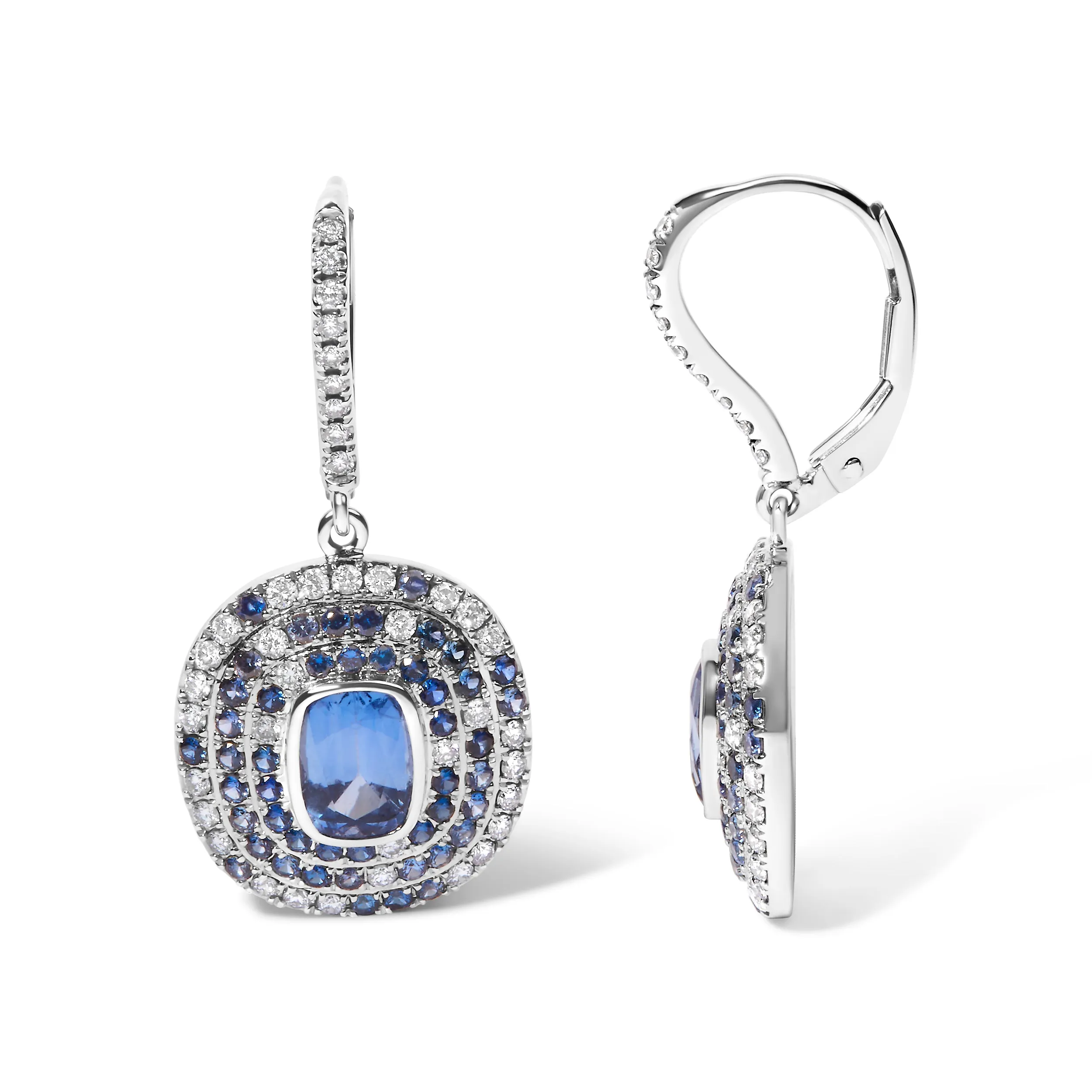 18K White Gold Natural Blue Sapphire and Diamond Scattered Halo Drop and Dangle Leverback Earrings