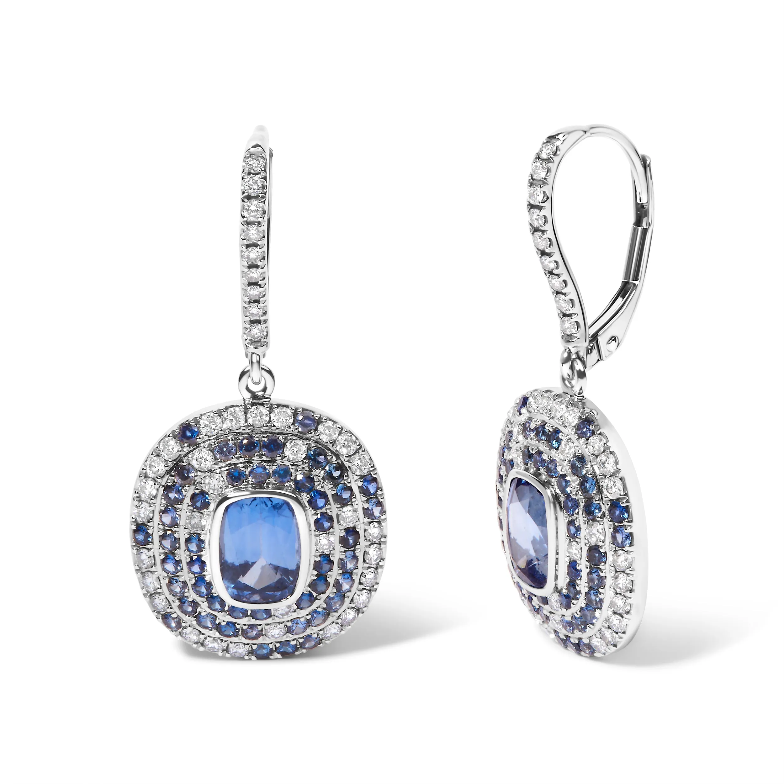 18K White Gold Natural Blue Sapphire and Diamond Scattered Halo Drop and Dangle Leverback Earrings