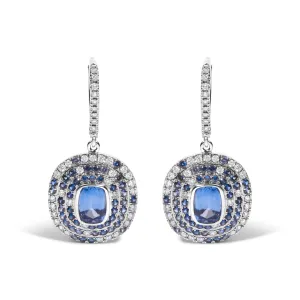 18K White Gold Natural Blue Sapphire and Diamond Scattered Halo Drop and Dangle Leverback Earrings