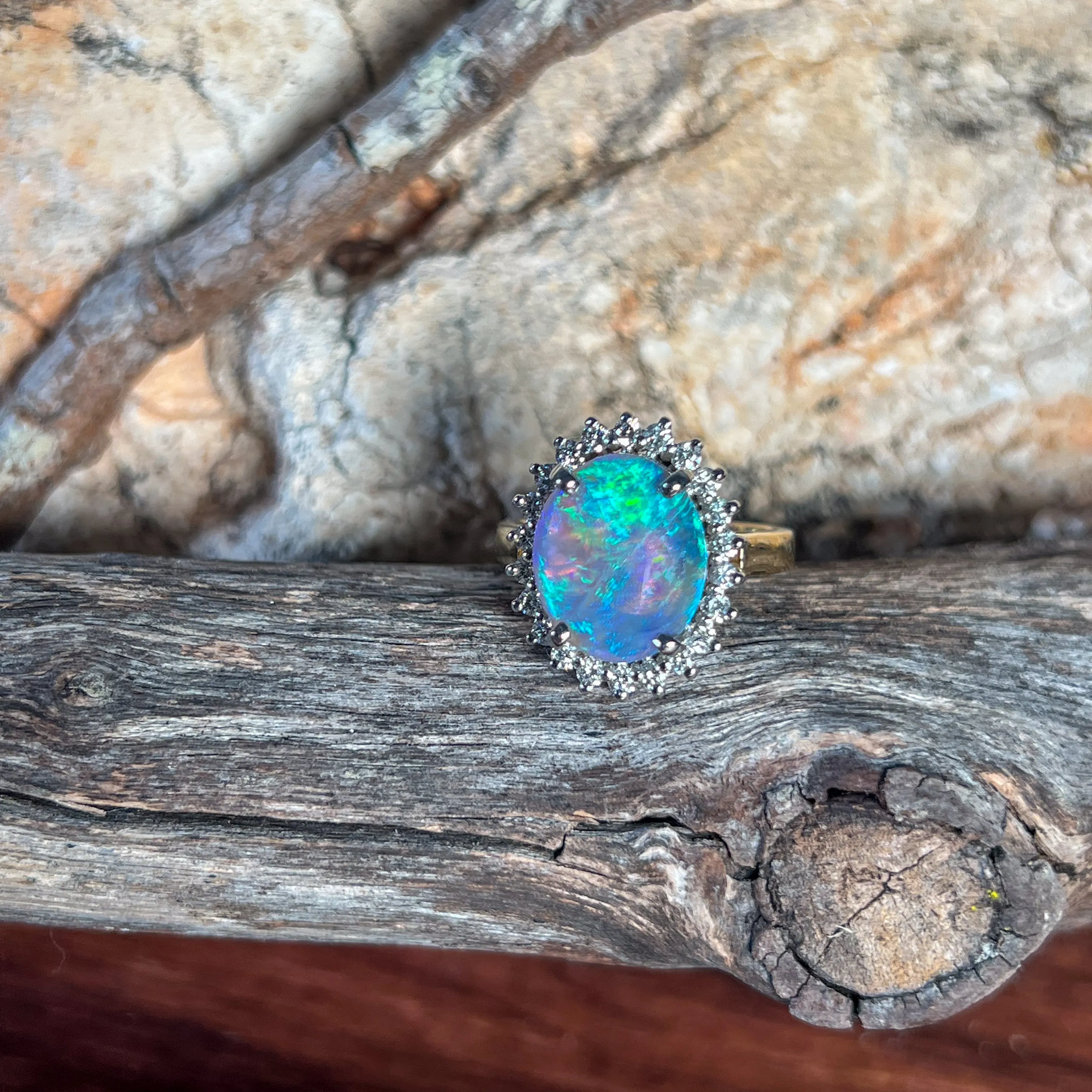 18kt and Platinum cluster Black Opal 4.73ct and Diamond ring