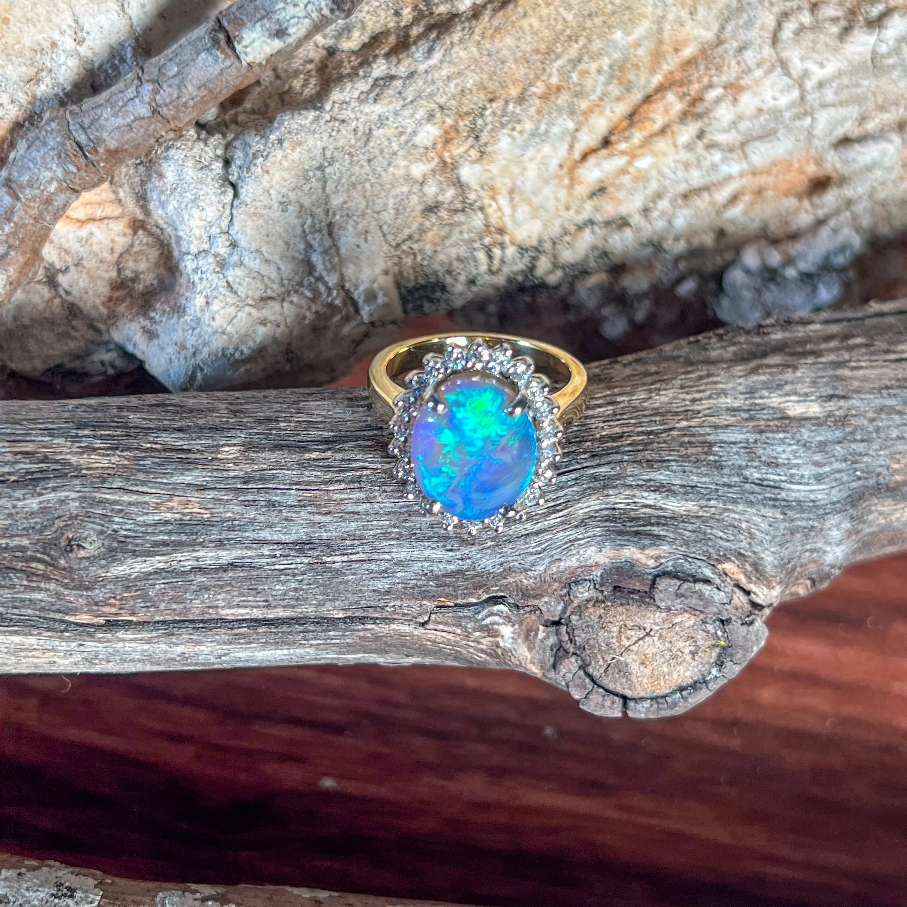 18kt and Platinum cluster Black Opal 4.73ct and Diamond ring