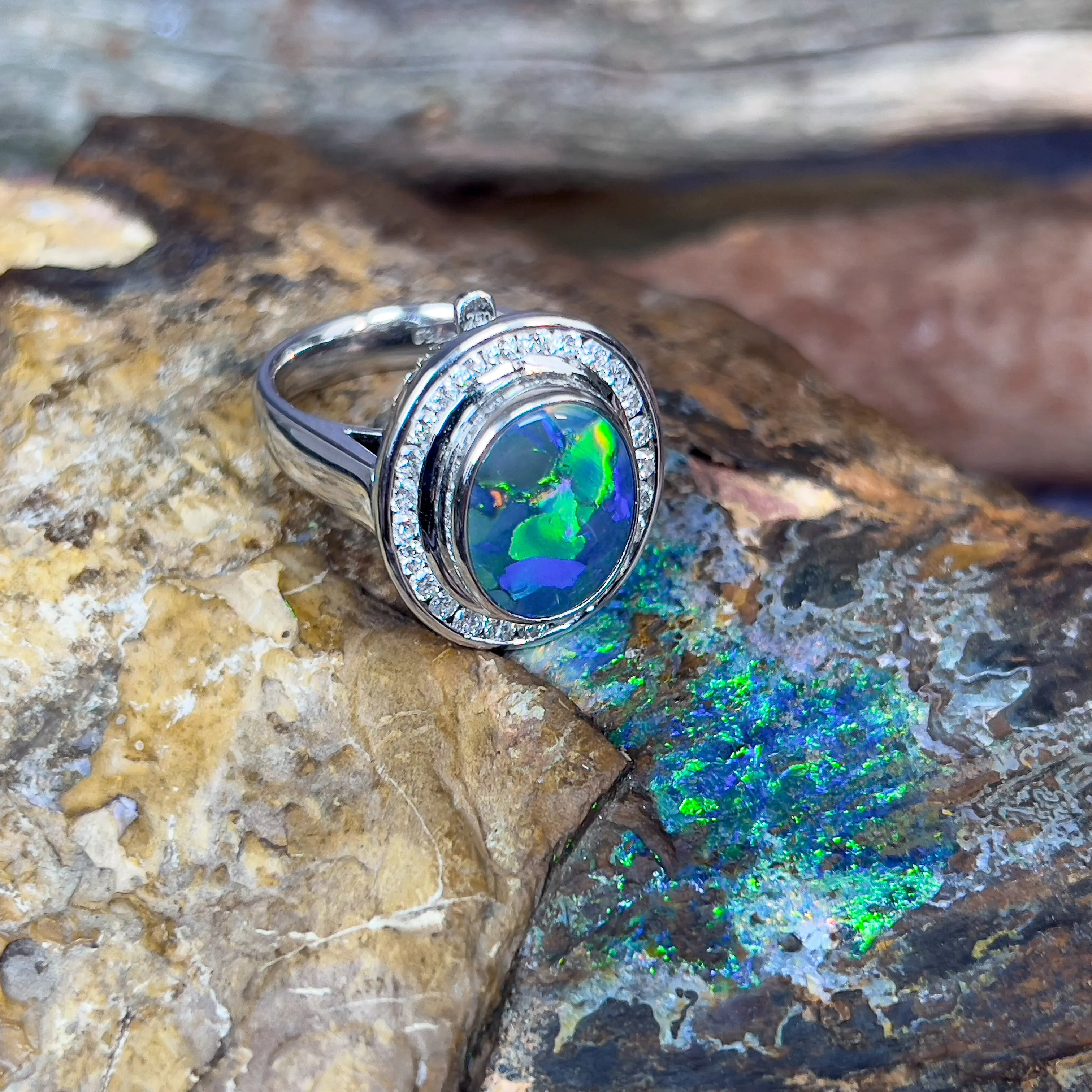 18kt White Gold multi piece Black Opal diamond ring, pendant and brooch piece