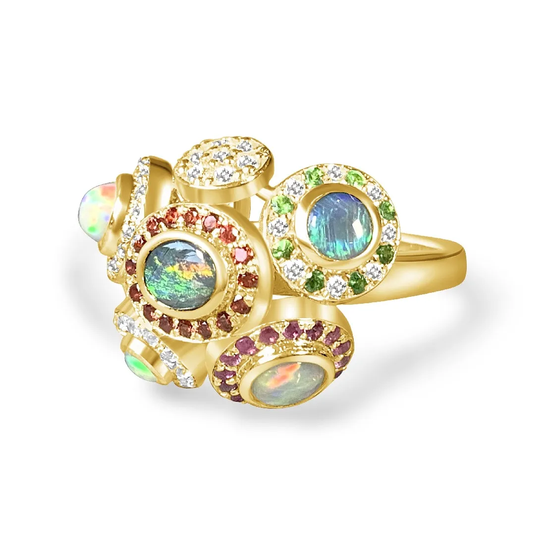 18kt Yellow Gold designer "New Year Sydney Fireworks" cluster ring with multi colour Opals, Diamonds, Sapphires and Rubies