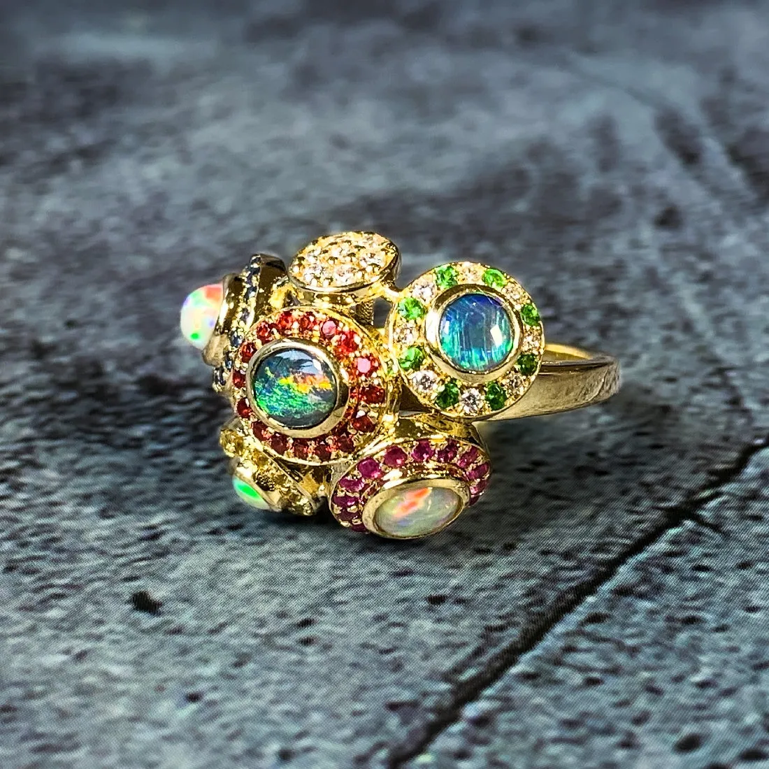 18kt Yellow Gold designer "New Year Sydney Fireworks" cluster ring with multi colour Opals, Diamonds, Sapphires and Rubies