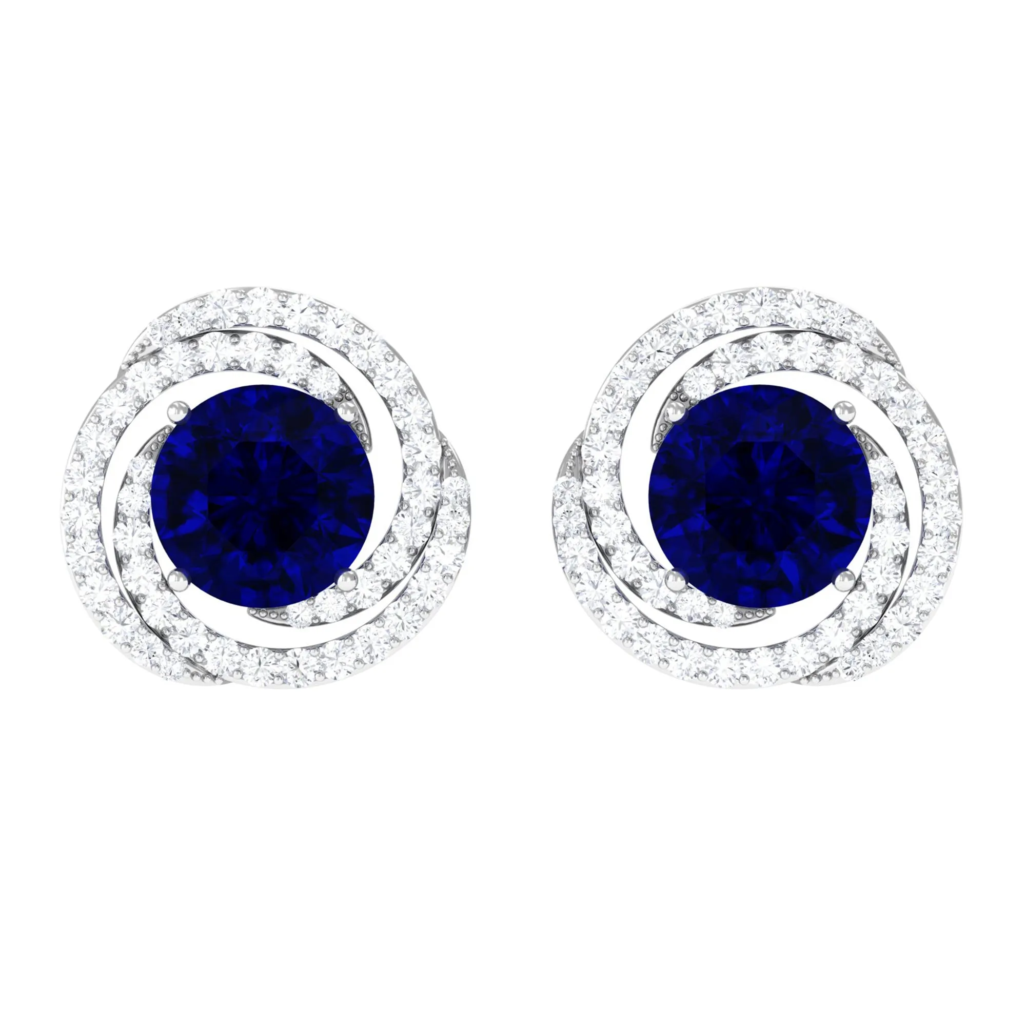 2.50 CT Created Blue Sapphire and Diamond Swirl Stud Earrings