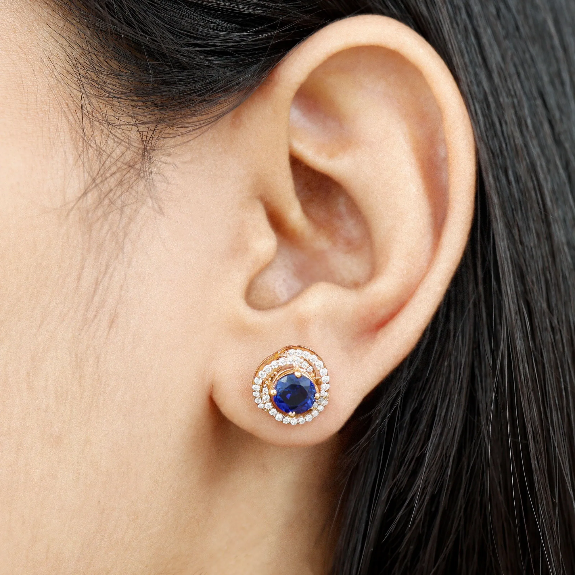 2.50 CT Created Blue Sapphire and Diamond Swirl Stud Earrings