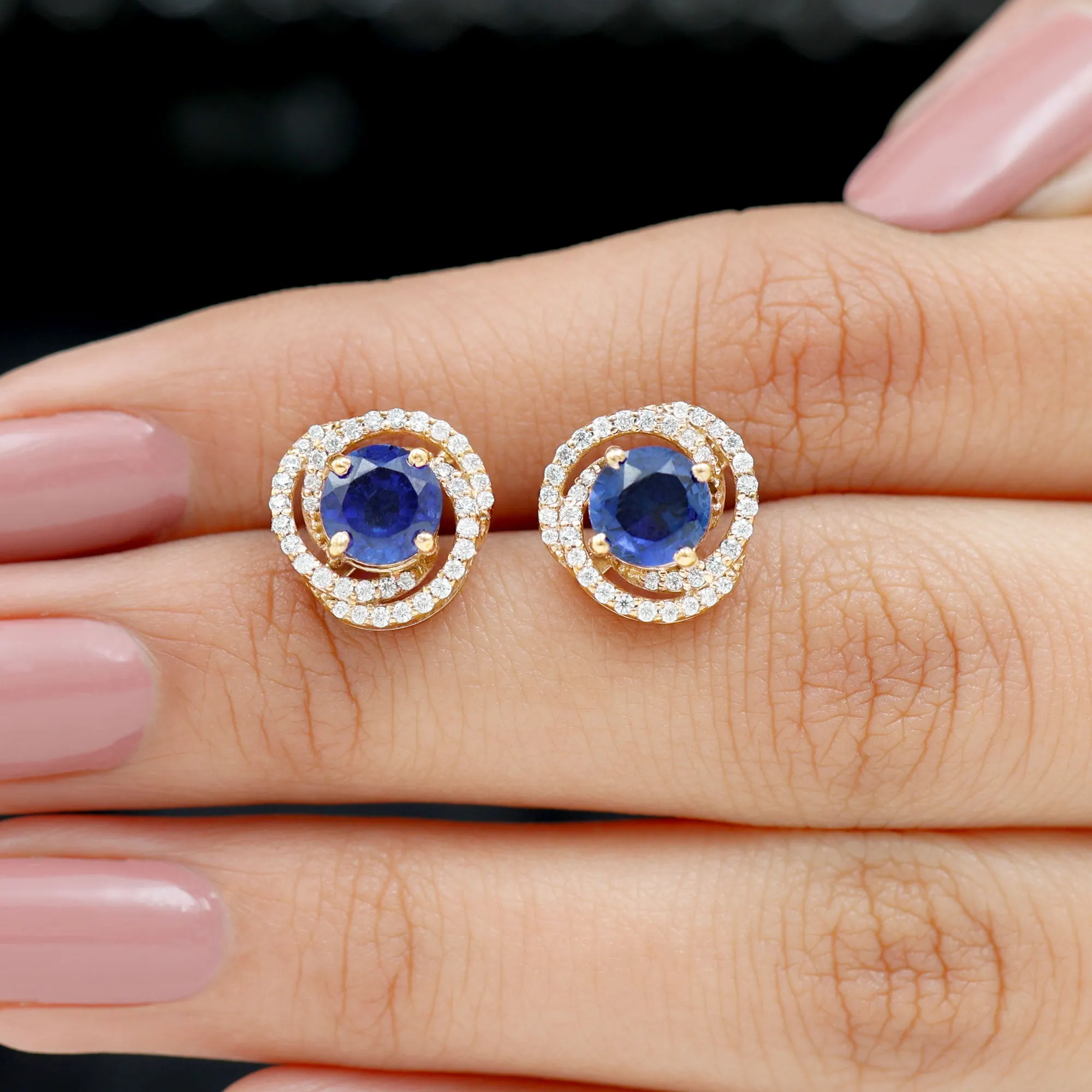 2.50 CT Created Blue Sapphire and Diamond Swirl Stud Earrings