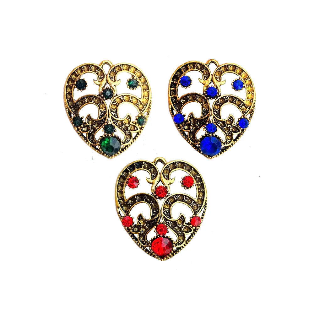 3 Colors Set, Gold Antiqued, Red. Green and Blue stone inlay, size about 40mm