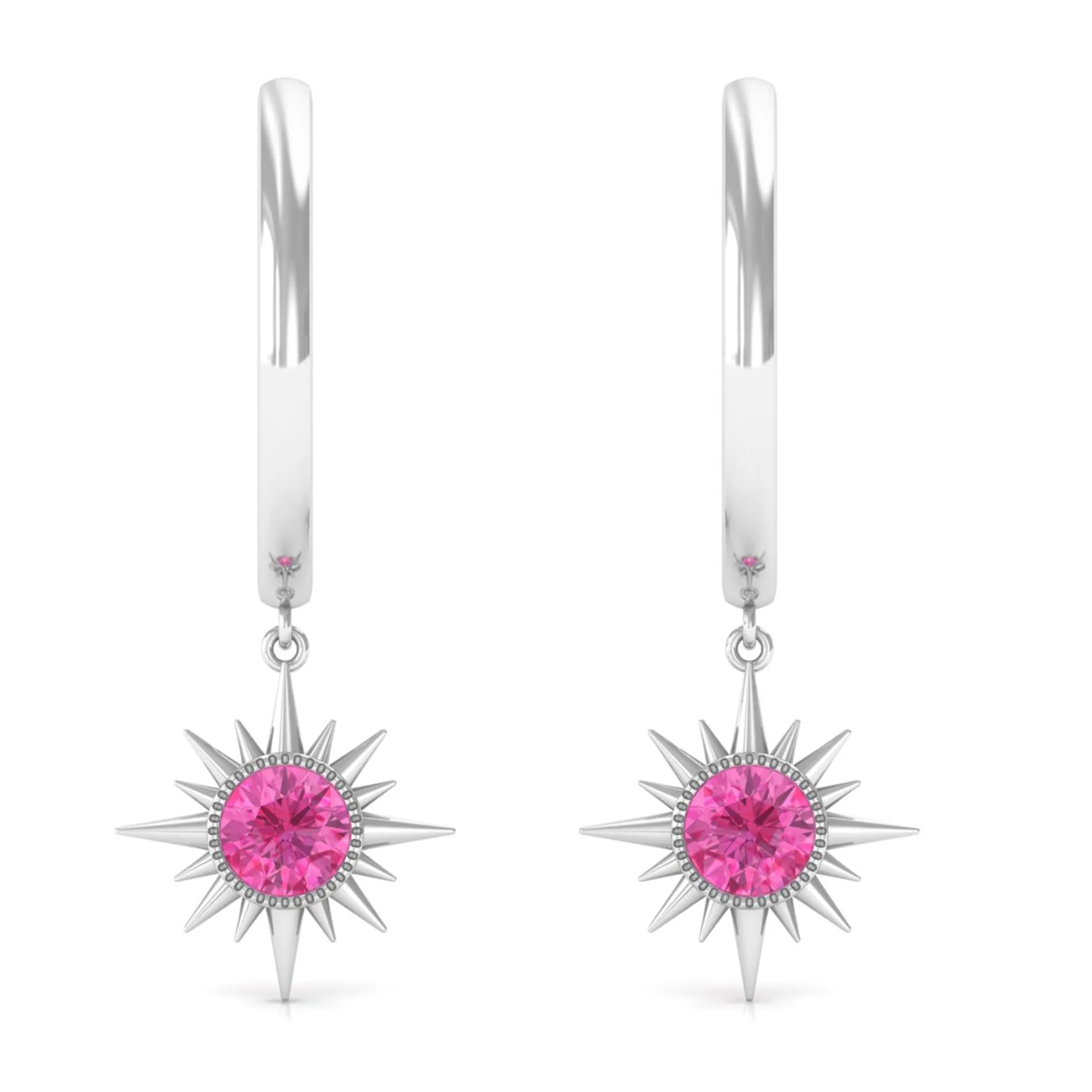 3/4 CT Milgrain Bezel Set Pink Sapphire Sunburst Drop Hoop Earrings for Women