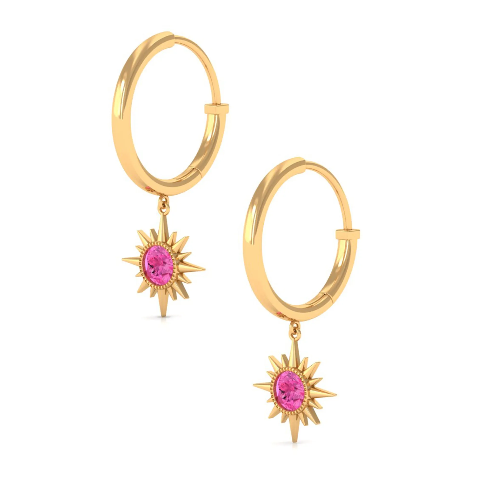 3/4 CT Milgrain Bezel Set Pink Sapphire Sunburst Drop Hoop Earrings for Women