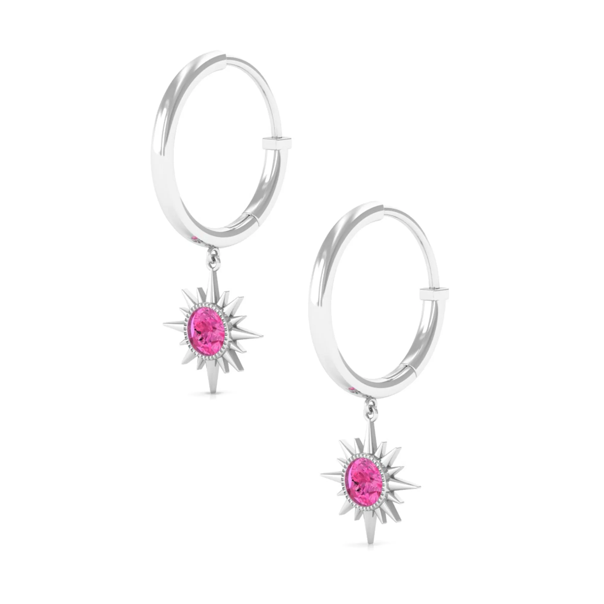 3/4 CT Milgrain Bezel Set Pink Sapphire Sunburst Drop Hoop Earrings for Women