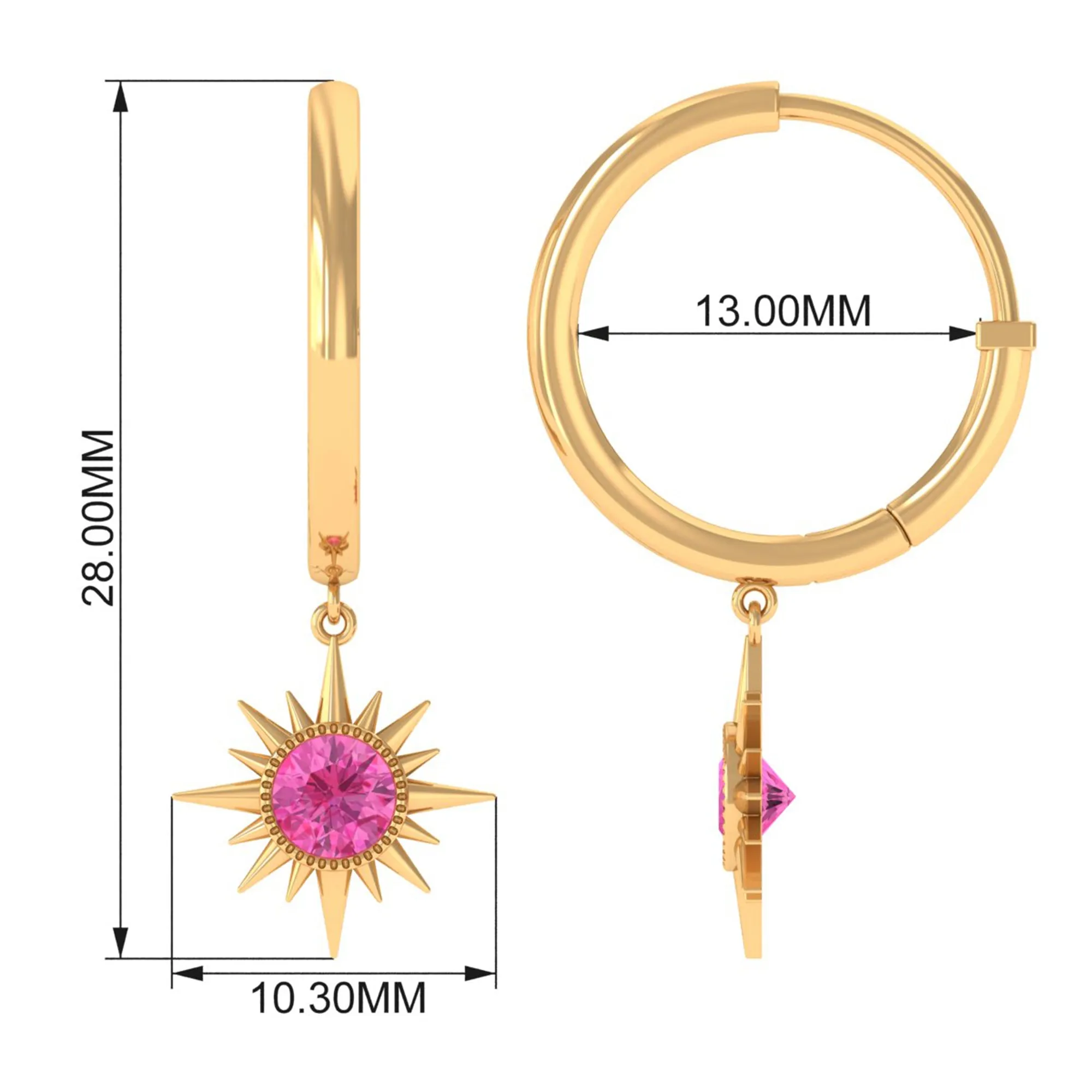 3/4 CT Milgrain Bezel Set Pink Sapphire Sunburst Drop Hoop Earrings for Women