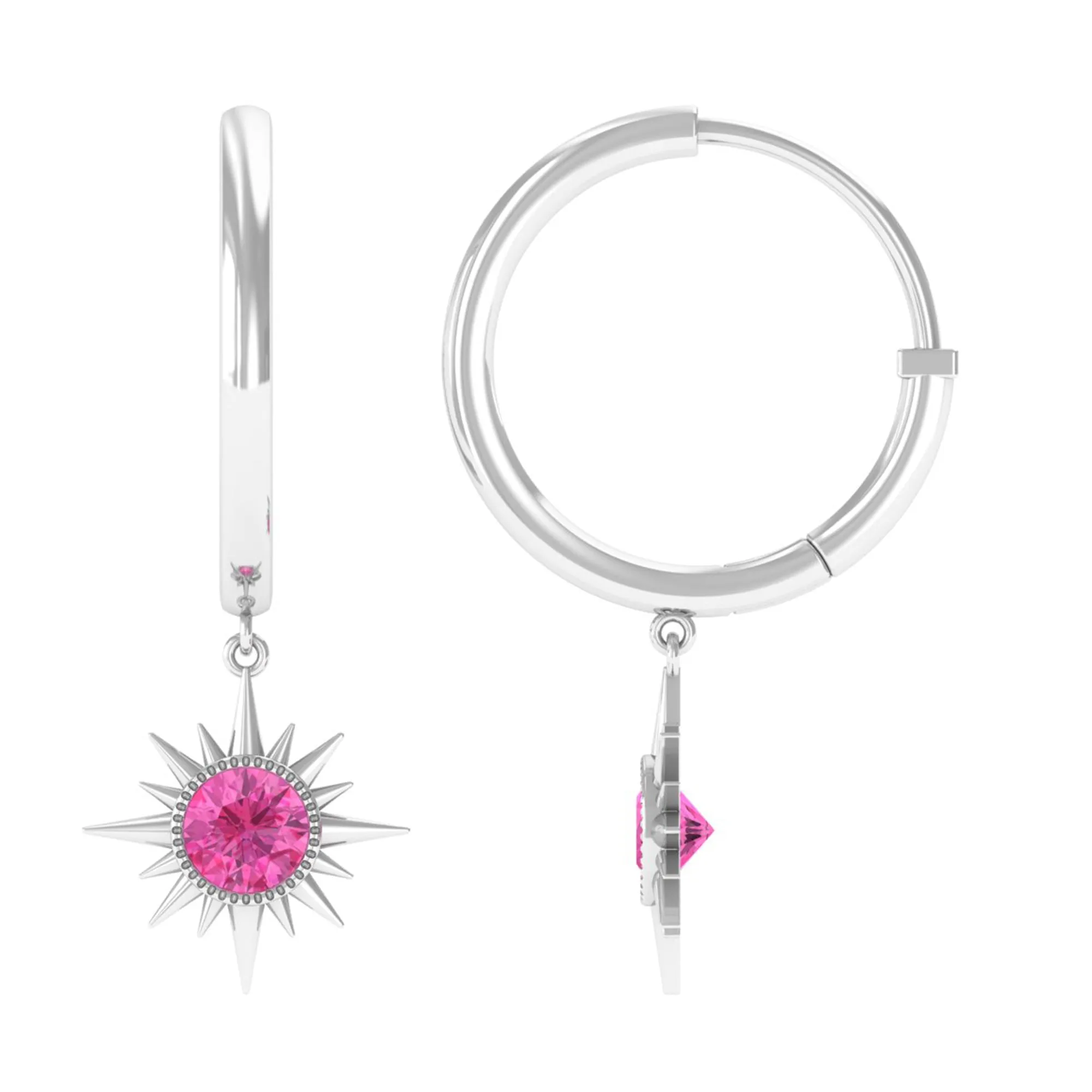 3/4 CT Milgrain Bezel Set Pink Sapphire Sunburst Drop Hoop Earrings for Women