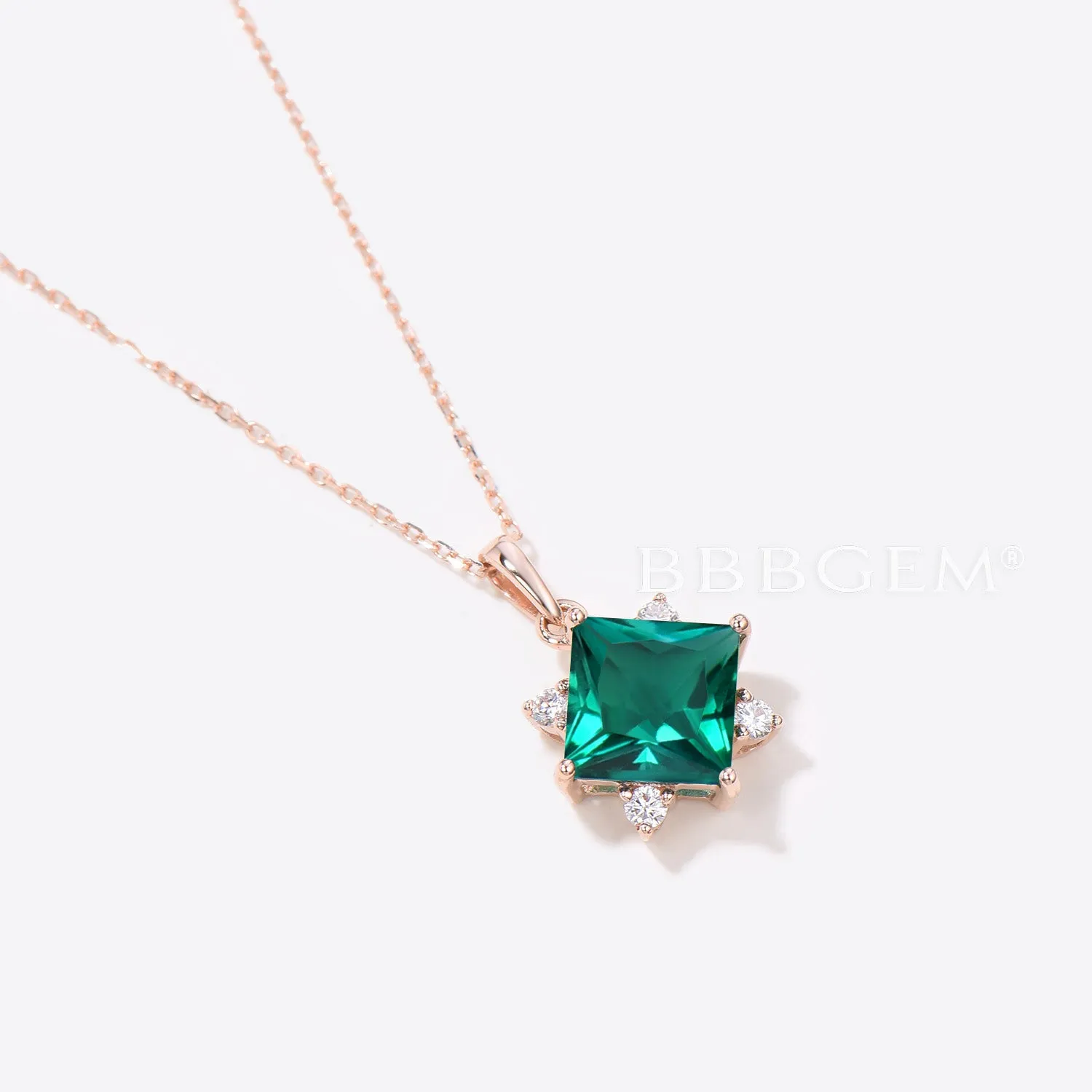 3ct Princess Cut Emerald Necklace Gold Moissanite Five Stone Pendant