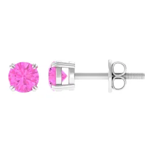 4 MM Genuine Pink Sapphire Solitaire Stud Earrings in Double Claw Prong Setting