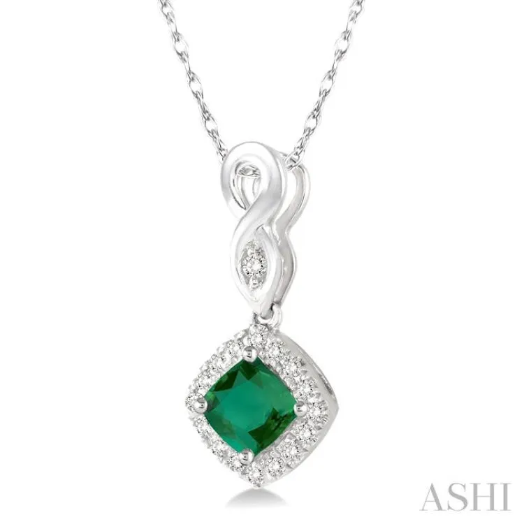 4x4 MM Cushion Cut Emerald and 1/10 Ctw Round Cut Diamond Pendant in 10K White Gold with Chain