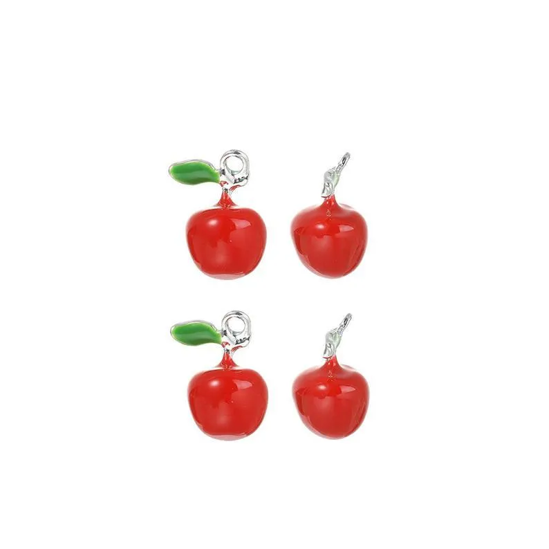 5 Pcs Silver Plated and Enamel red Apple Fruit Food 18X13mm 3D Charms Pendants