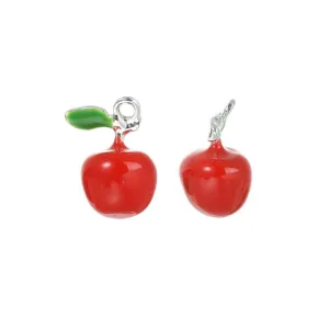 5 Pcs Silver Plated and Enamel red Apple Fruit Food 18X13mm 3D Charms Pendants