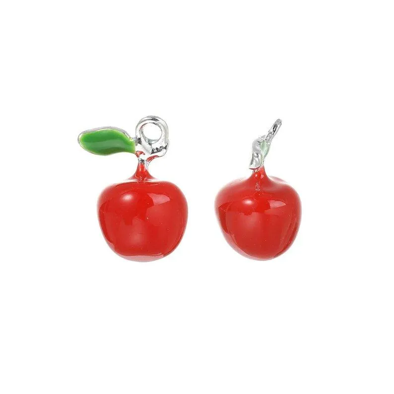 5 Pcs Silver Plated and Enamel red Apple Fruit Food 18X13mm 3D Charms Pendants