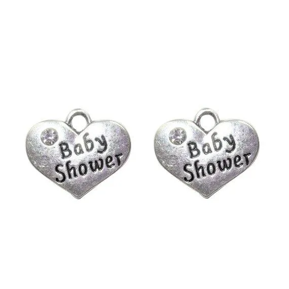 5 Pcs Tibetan Silver and Rhinestone Baby Shower Heart 14X16mm 3D Charms Pendants