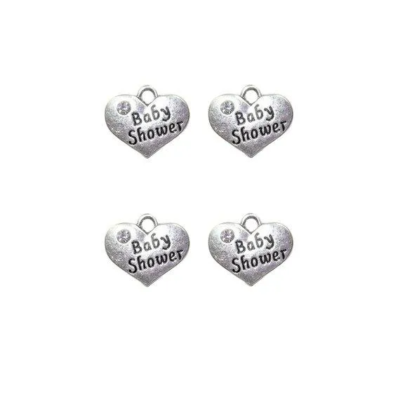 5 Pcs Tibetan Silver and Rhinestone Baby Shower Heart 14X16mm 3D Charms Pendants