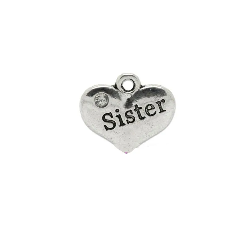 5 Pcs Tibetan Silver and Rhinestone Sister Heart 14X16mm Charms Pendants