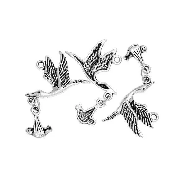 5 Pcs Tibetan Silver Flying Stork and Baby Christening 25X26mm Charms Pendants