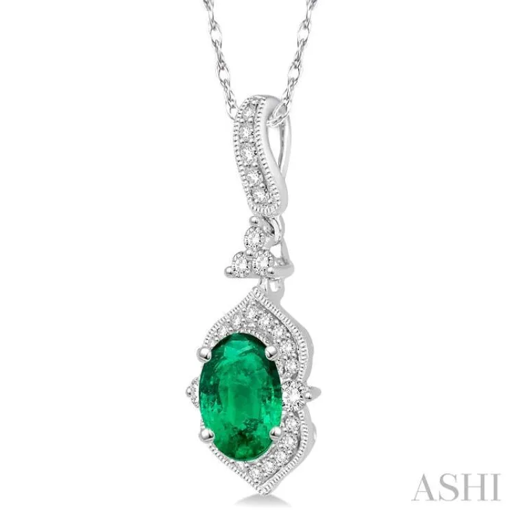 6x4 MM Oval Shape Emerald and 1/5 Ctw Diamond Pendant in 14K White Gold with Chain