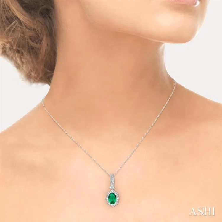 6x4 MM Oval Shape Emerald and 1/5 Ctw Diamond Pendant in 14K White Gold with Chain