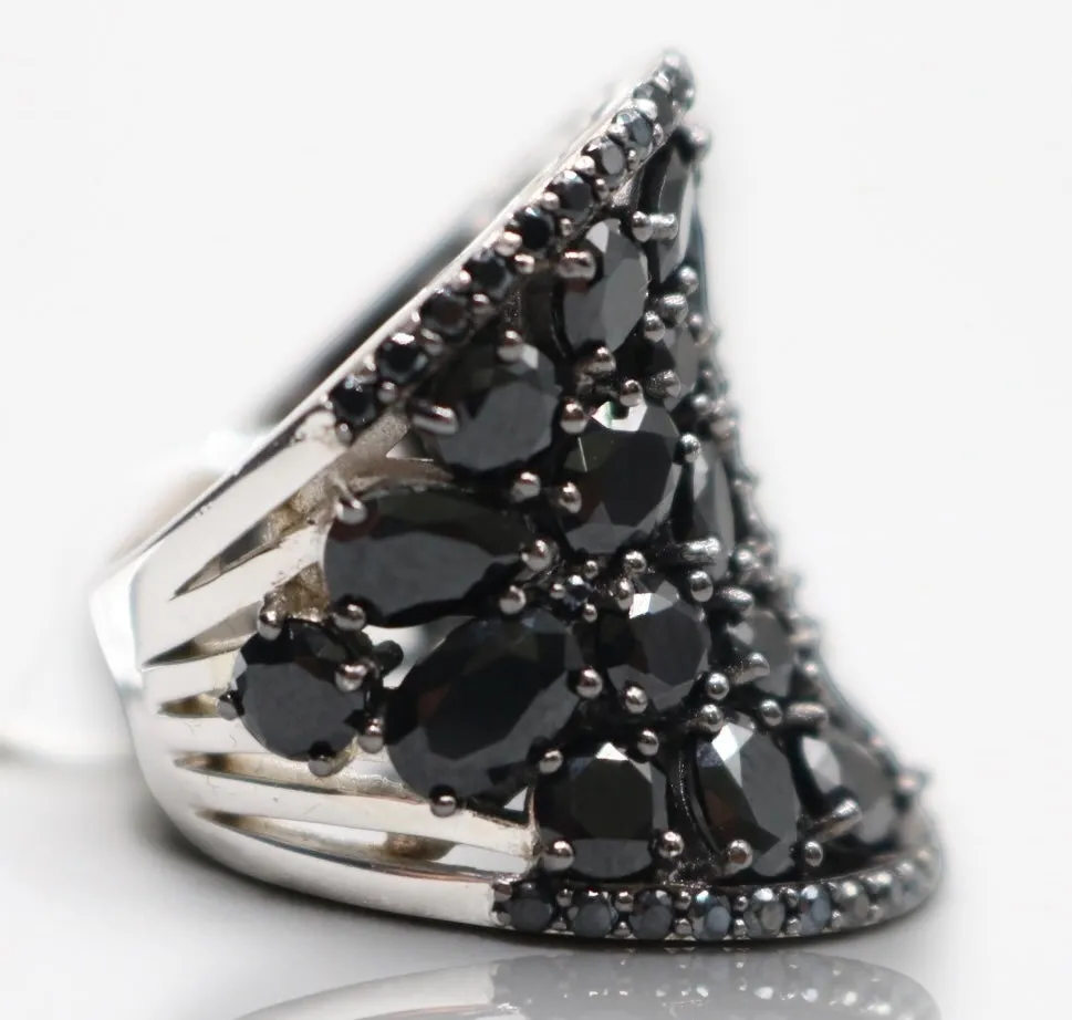 8.03ctw Round, Pear Shape, And Oval Black Spinel Sterling Silver Band Ring Size 4 3/4