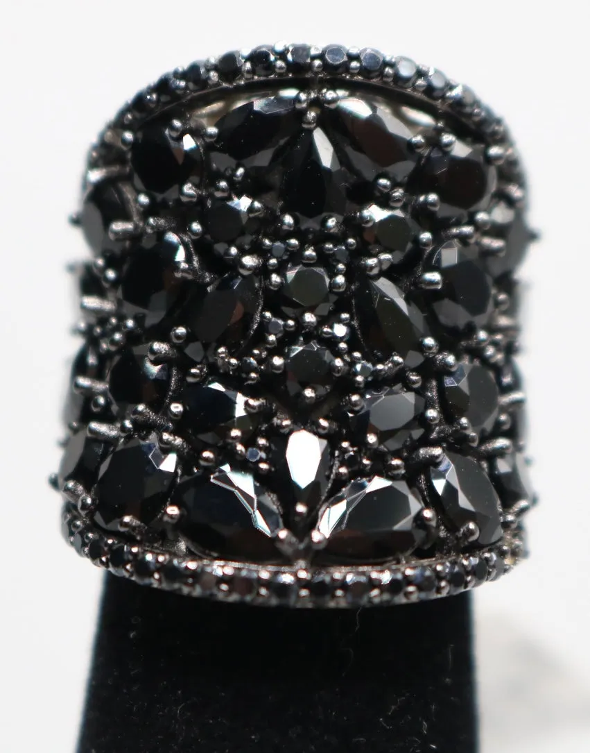 8.03ctw Round, Pear Shape, And Oval Black Spinel Sterling Silver Band Ring Size 4 3/4