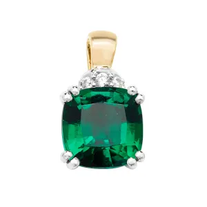 9CT GOLD CUSHION CREATED EMERALD AND WHITE SAPPHIRE PENDANT