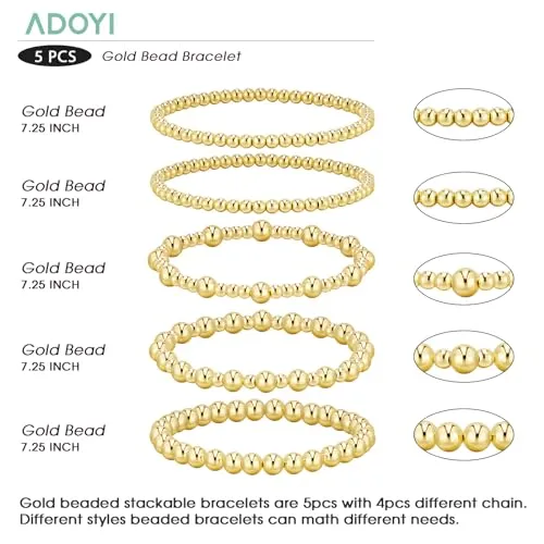 adoyi Gold Bracelets for Women, 14K Gold Plated Beaded Bracelets Stretch Bead Ball Bracelet stack Set Adjustable Gold Jewelry for Womens (5PCS Gold-A)