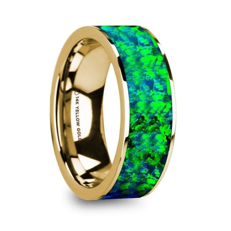 AGAPIOS Flat Polished 14K Yellow Gold Ring with Emerald Green and Sapphire Blue Opal Inlay - 8mm