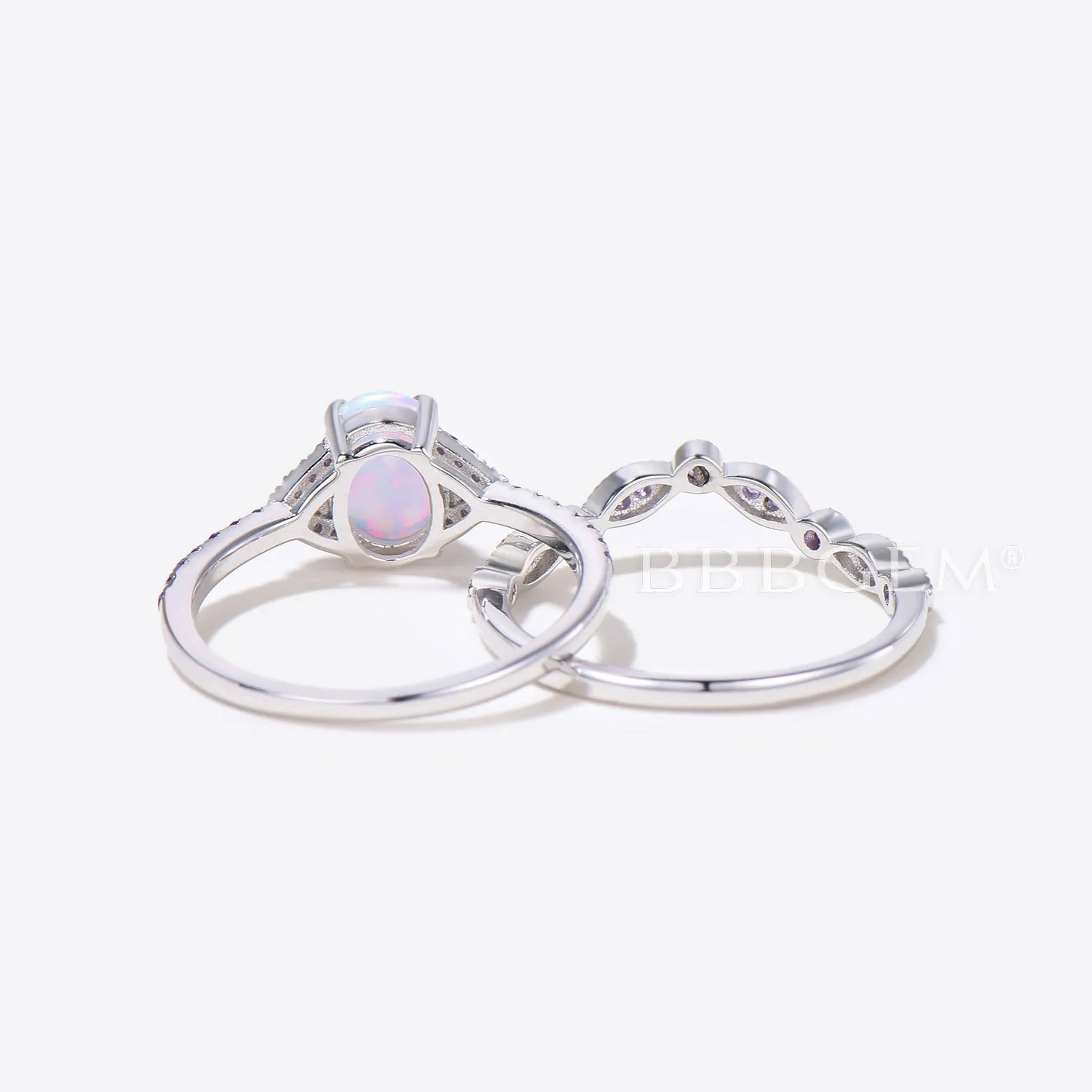 Amethyst Halo Accents Lab Opal Three Stone Engagement Ring Set