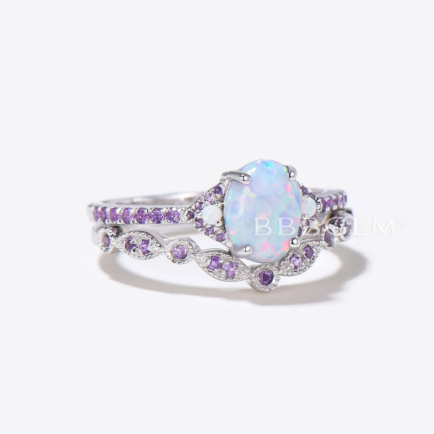 Amethyst Halo Accents Lab Opal Three Stone Engagement Ring Set