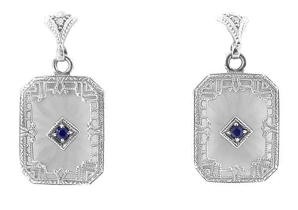 Art Deco Filigree Blue Sapphire and Diamond Crystal Earrings in Sterling Silver