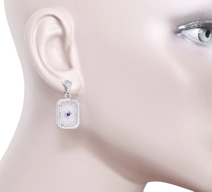 Art Deco Filigree Blue Sapphire and Diamond Crystal Earrings in Sterling Silver