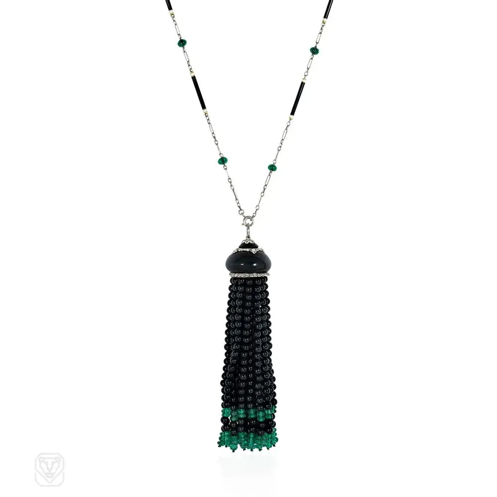 Art Deco French onyx, emerald, enamel, and diamond tassel necklace