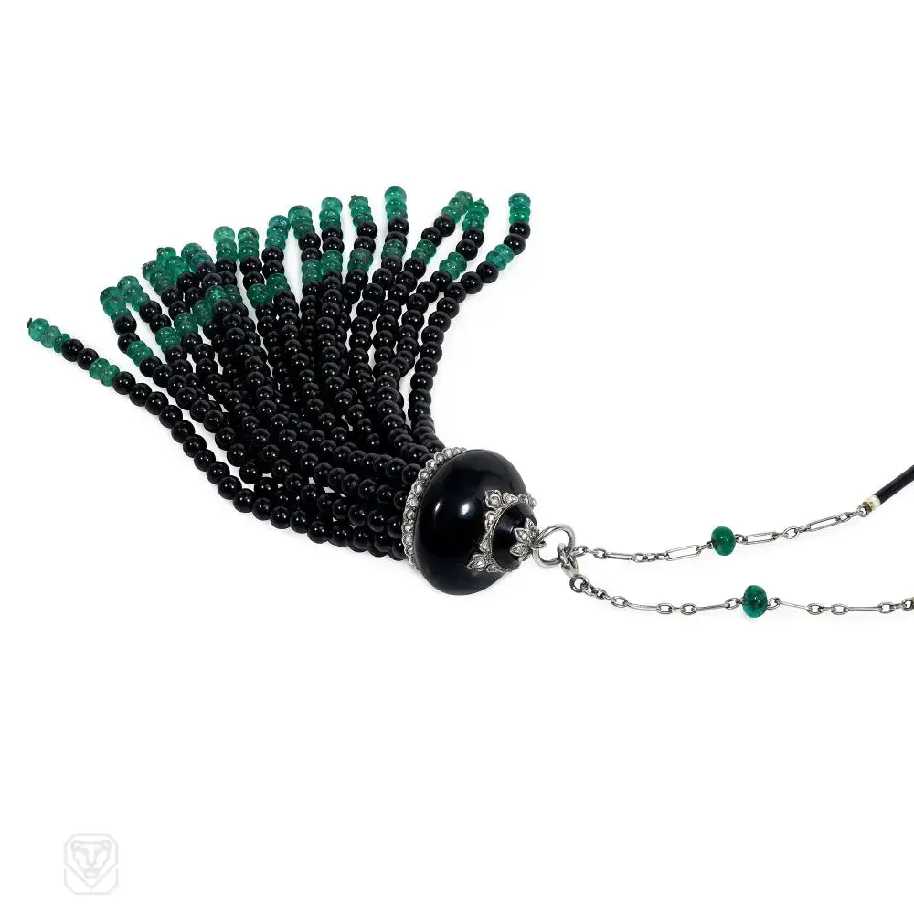 Art Deco French onyx, emerald, enamel, and diamond tassel necklace