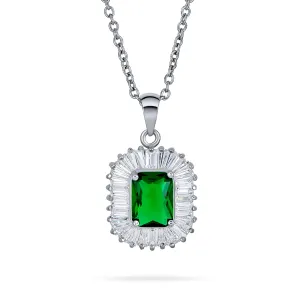 Art Deco Green Baguette CZ Emerald Cut Pendant Necklace Silver Plated