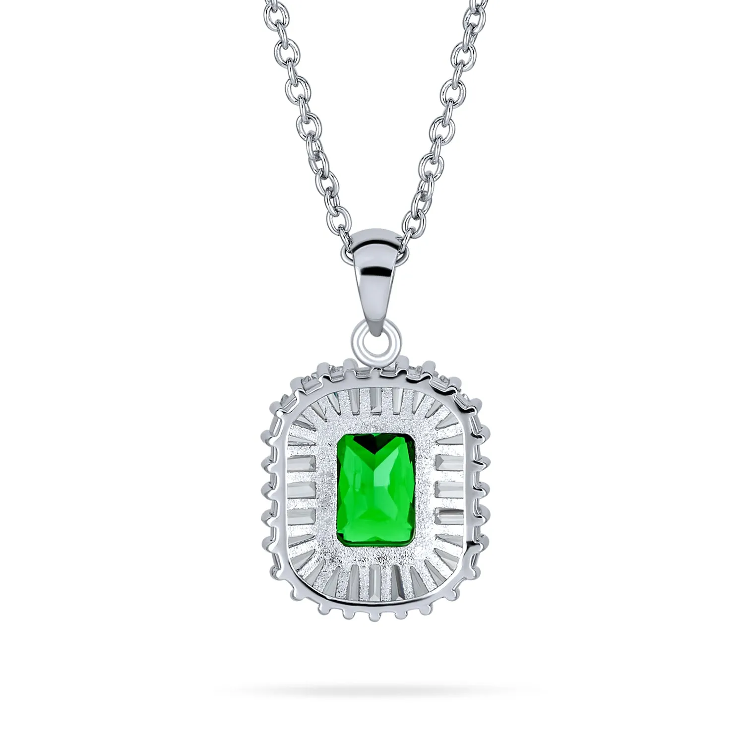 Art Deco Green Baguette CZ Emerald Cut Pendant Necklace Silver Plated