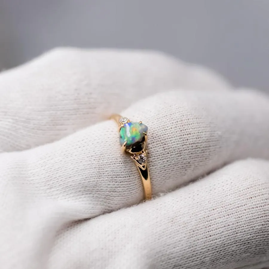 Australian Black Opal & Diamond Engagement Wedding Ring in 18k Yellow Gold