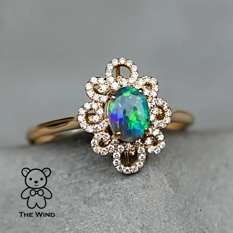 Beauty of Swirls - Black Opal Diamond Engagement Ring 18K Yellow Gold