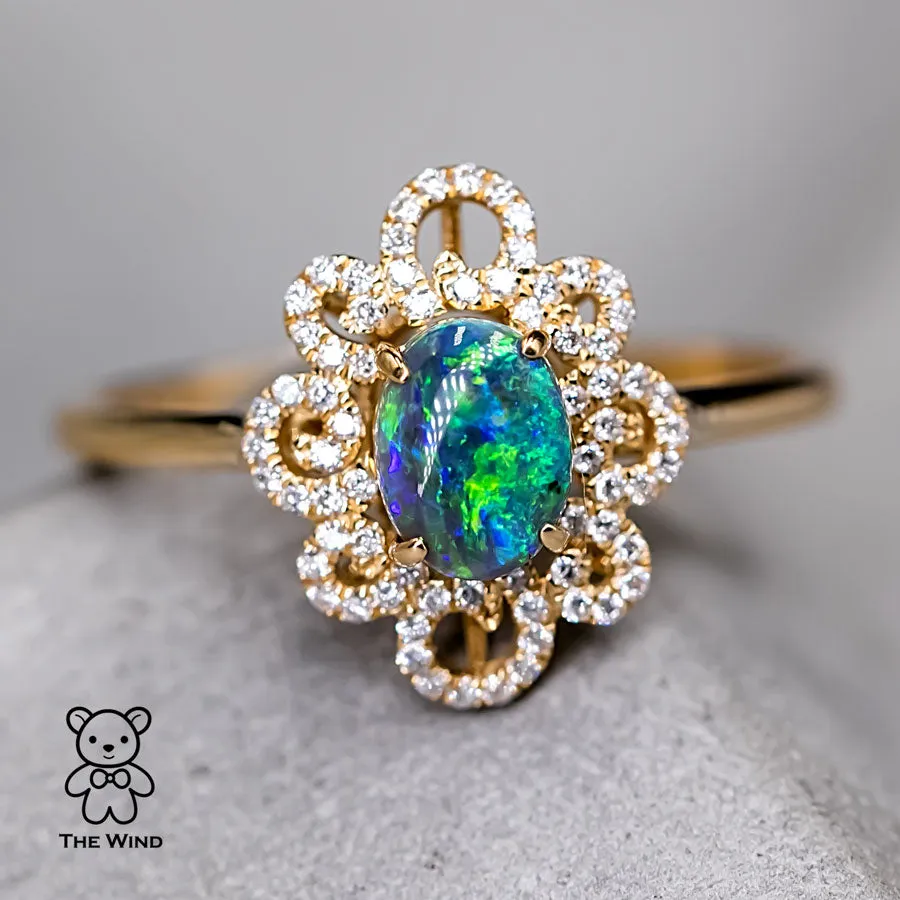 Beauty of Swirls - Black Opal Diamond Engagement Ring 18K Yellow Gold