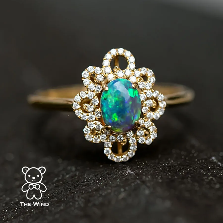 Beauty of Swirls - Black Opal Diamond Engagement Ring 18K Yellow Gold