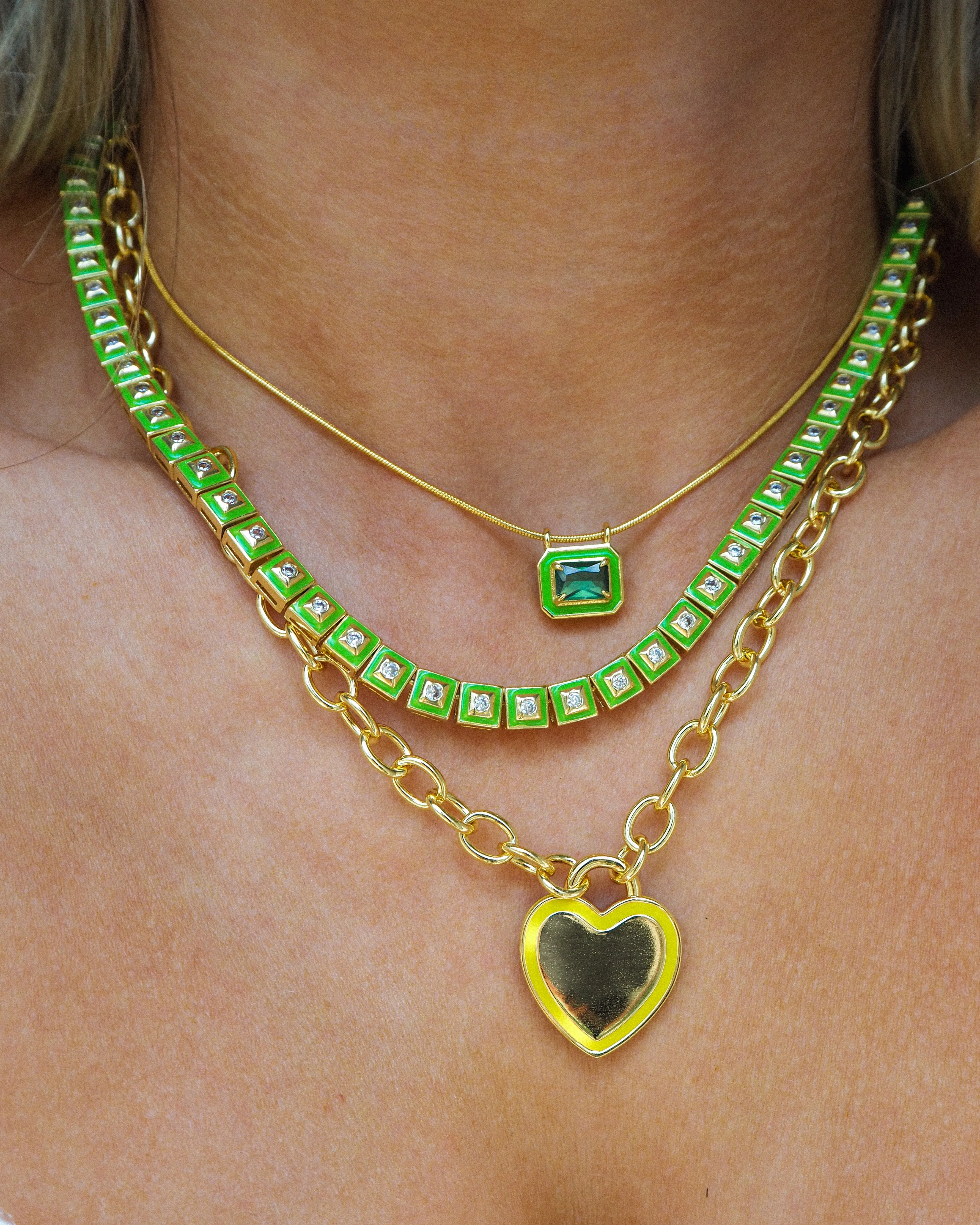 Bezel Pendant Necklace- Bright Green- Silver