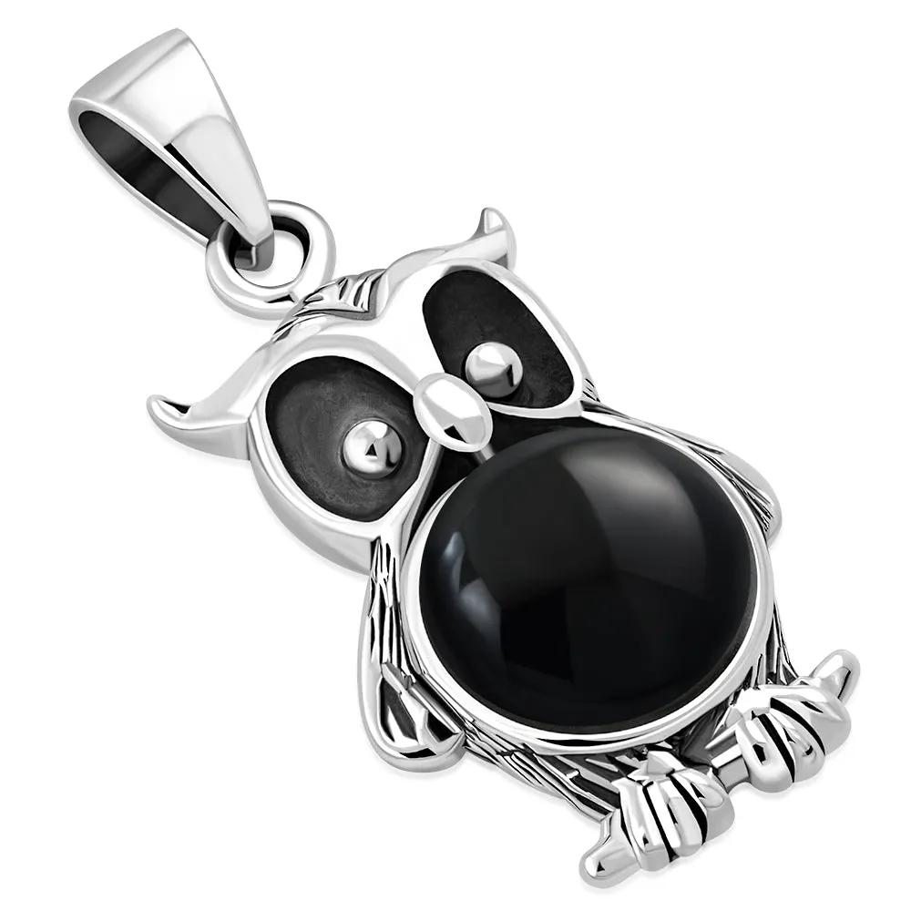 Black Onyx Owl Silver Pendant