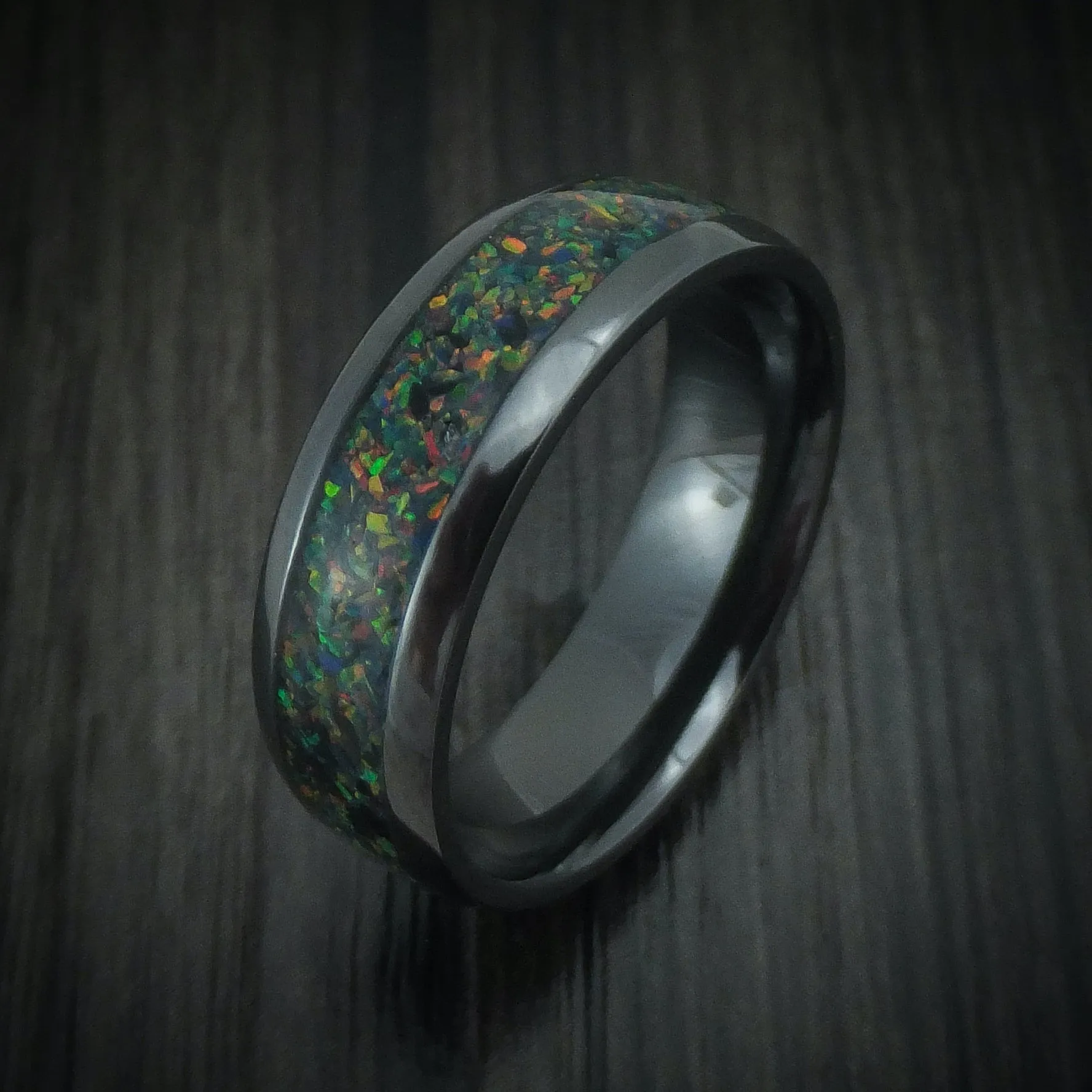 Black Titanium And Opal Men's Ring Custom Made Band